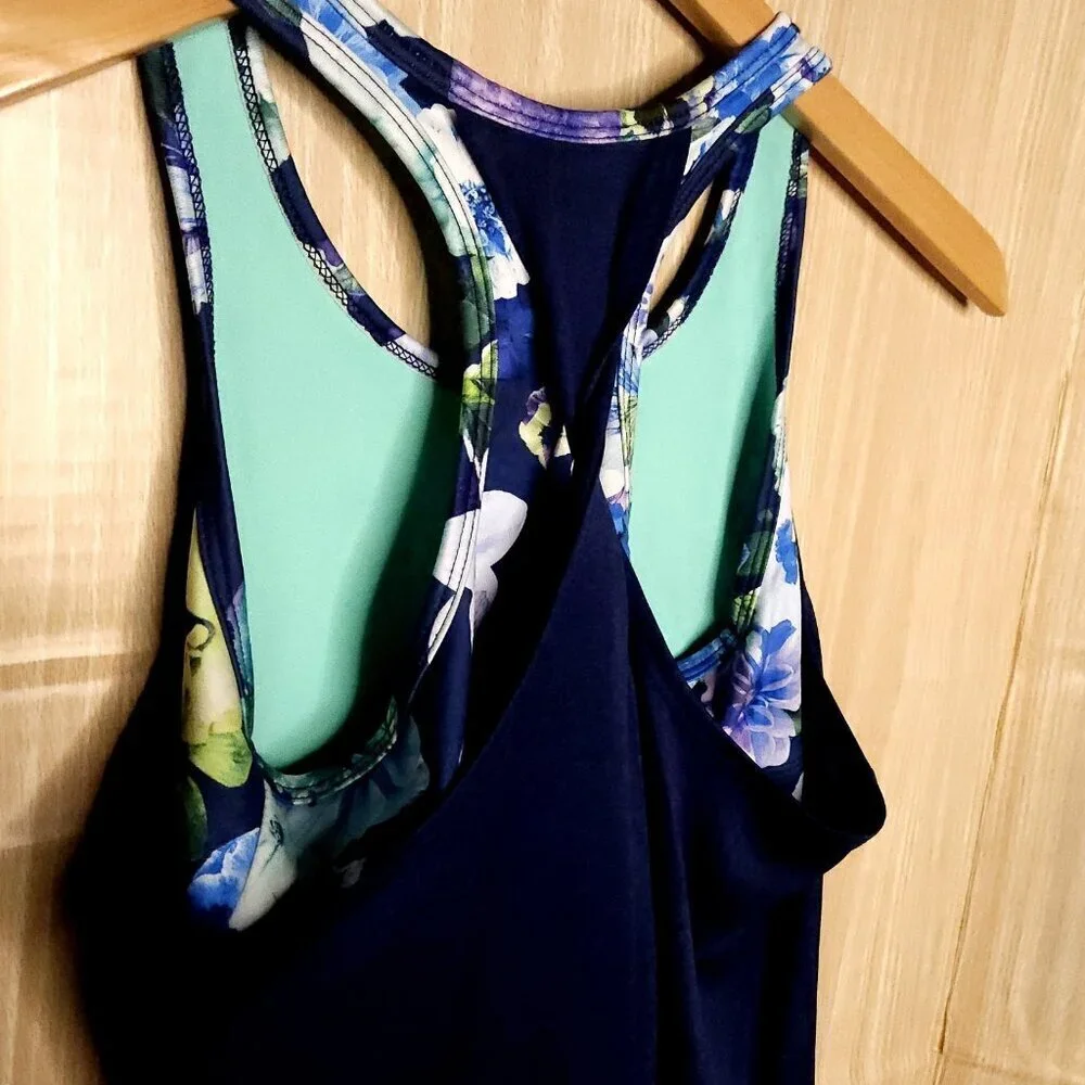Old Navy Girls Navy Blue Athletic Tank Top Built-in Floral Sports Bra 14